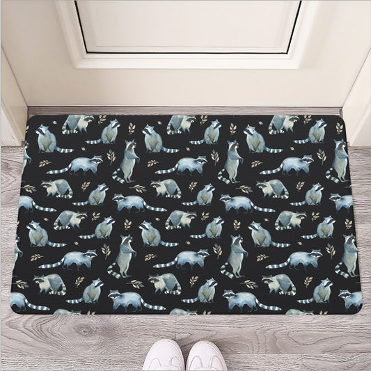 Watercolor Raccoon Pattern Print Rubber Doormat