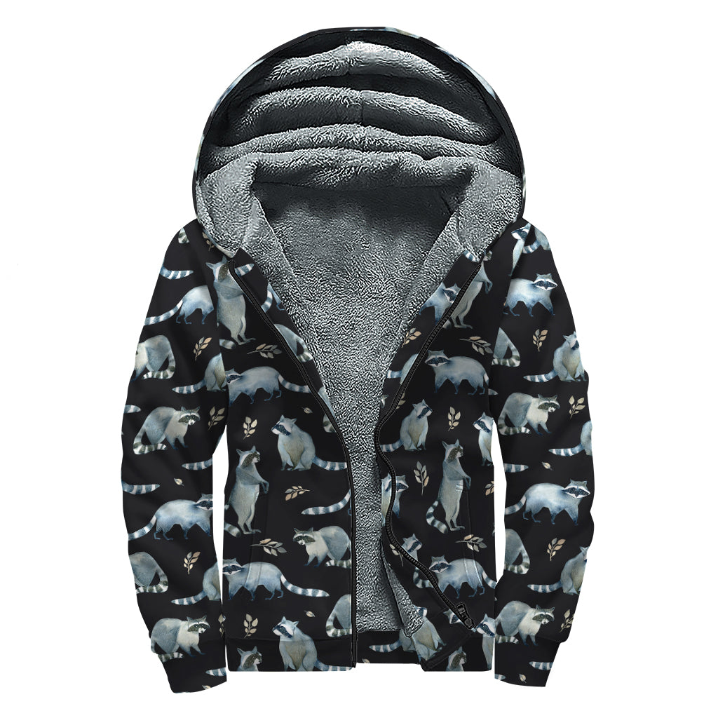 Watercolor Raccoon Pattern Print Sherpa Lined Zip Up Hoodie