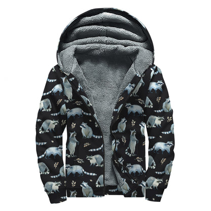 Watercolor Raccoon Pattern Print Sherpa Lined Zip Up Hoodie