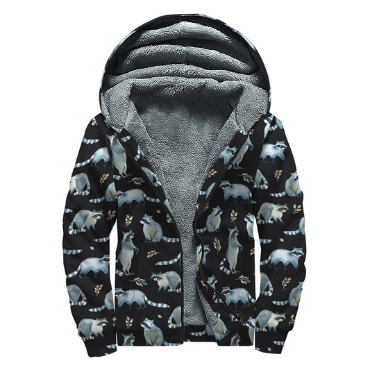 Watercolor Raccoon Pattern Print Sherpa Lined Zip Up Hoodie