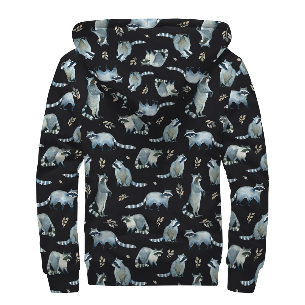 Watercolor Raccoon Pattern Print Sherpa Lined Zip Up Hoodie