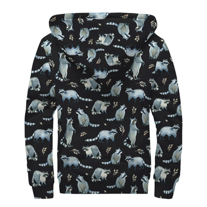 Watercolor Raccoon Pattern Print Sherpa Lined Zip Up Hoodie