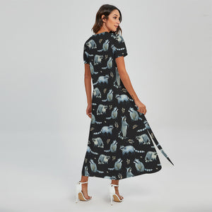 Watercolor Raccoon Pattern Print Short Sleeve Maxi Dress