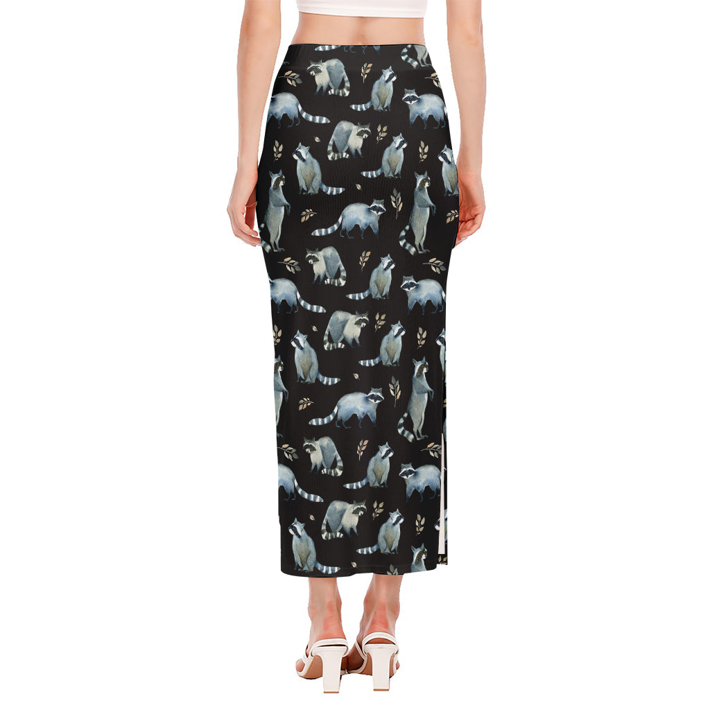 Watercolor Raccoon Pattern Print Side Slit Maxi Skirt