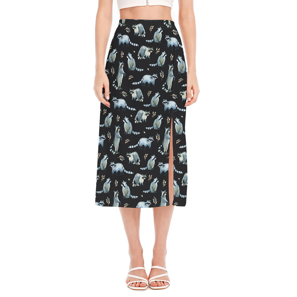 Watercolor Raccoon Pattern Print Side Slit Midi Skirt