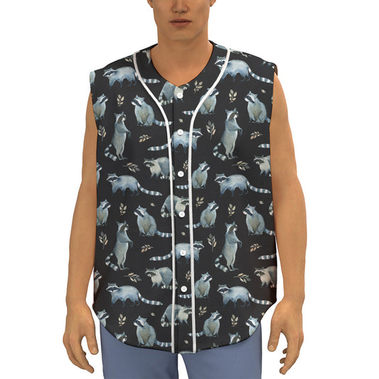 Watercolor Raccoon Pattern Print Sleeveless Baseball Jersey