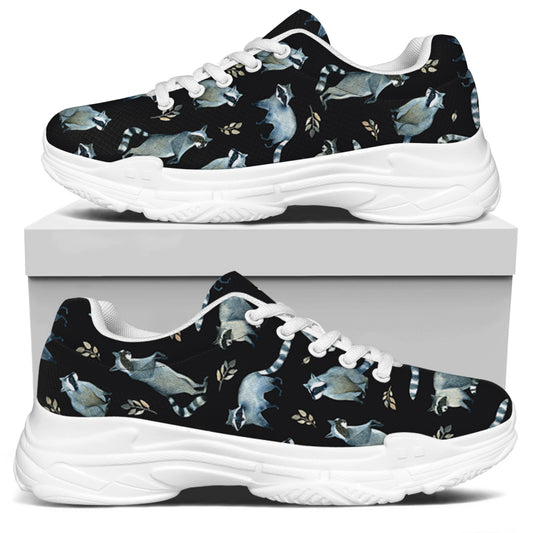 Watercolor Raccoon Pattern Print White Chunky Shoes