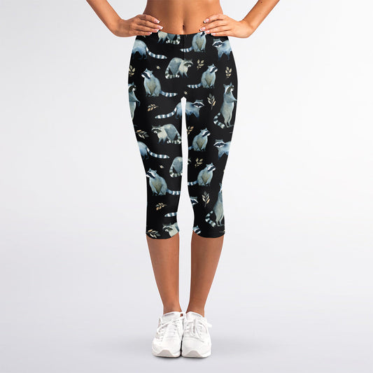 Watercolor Raccoon Pattern Print Women's Capri Leggings