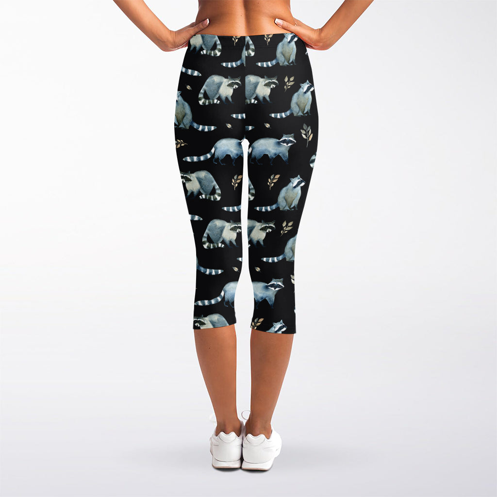 Watercolor Raccoon Pattern Print Women's Capri Leggings