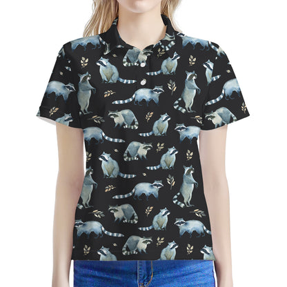 Watercolor Raccoon Pattern Print Women's Polo Shirt