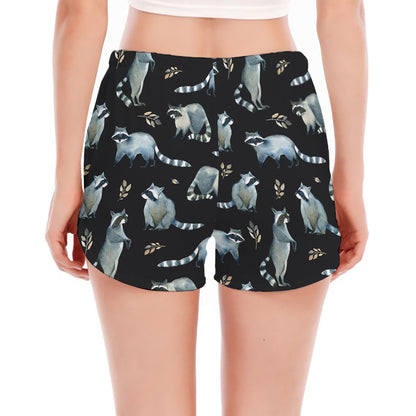 Watercolor Raccoon Pattern Print Women's Split Running Shorts