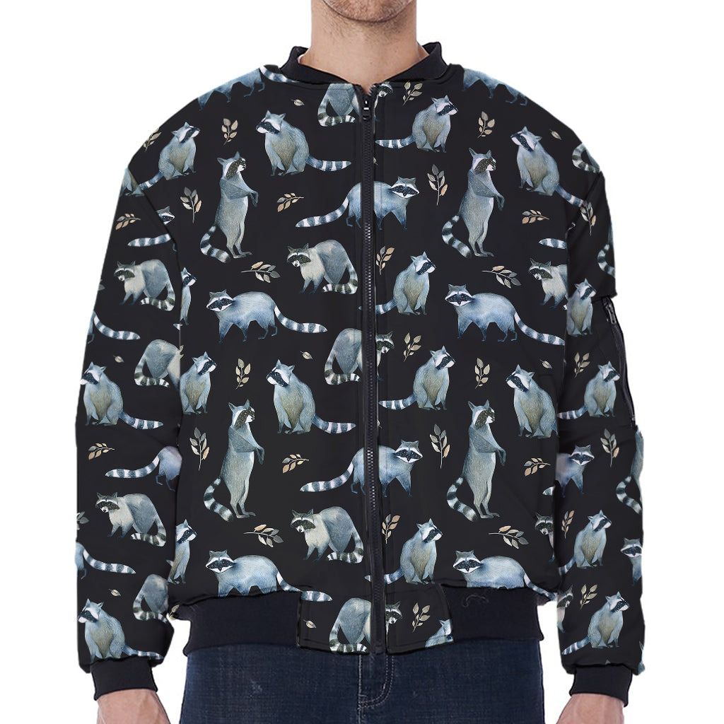 Watercolor Raccoon Pattern Print Zip Sleeve Bomber Jacket