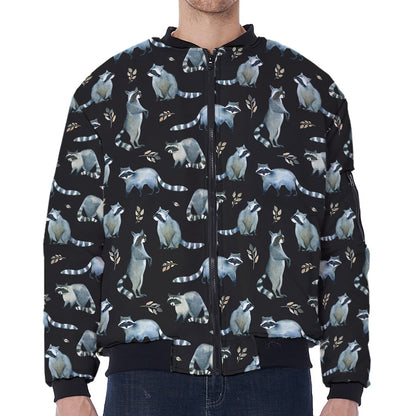 Watercolor Raccoon Pattern Print Zip Sleeve Bomber Jacket