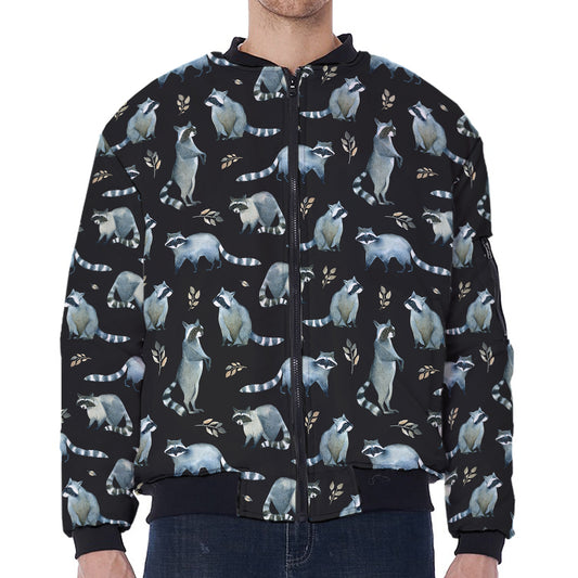 Watercolor Raccoon Pattern Print Zip Sleeve Bomber Jacket