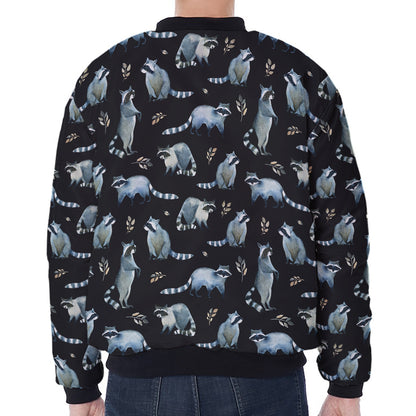 Watercolor Raccoon Pattern Print Zip Sleeve Bomber Jacket