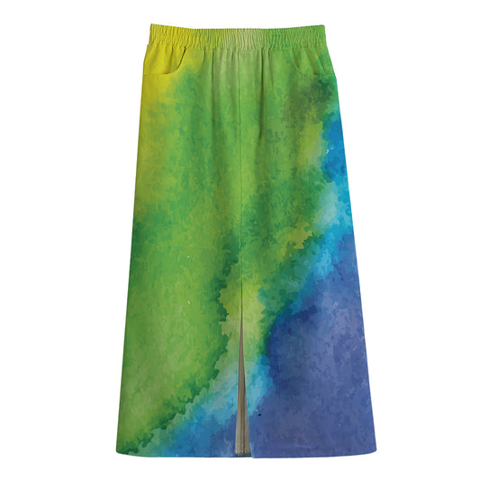 Watercolor Rainbow LGBT Pride Print Cotton Front Slit Maxi Skirt