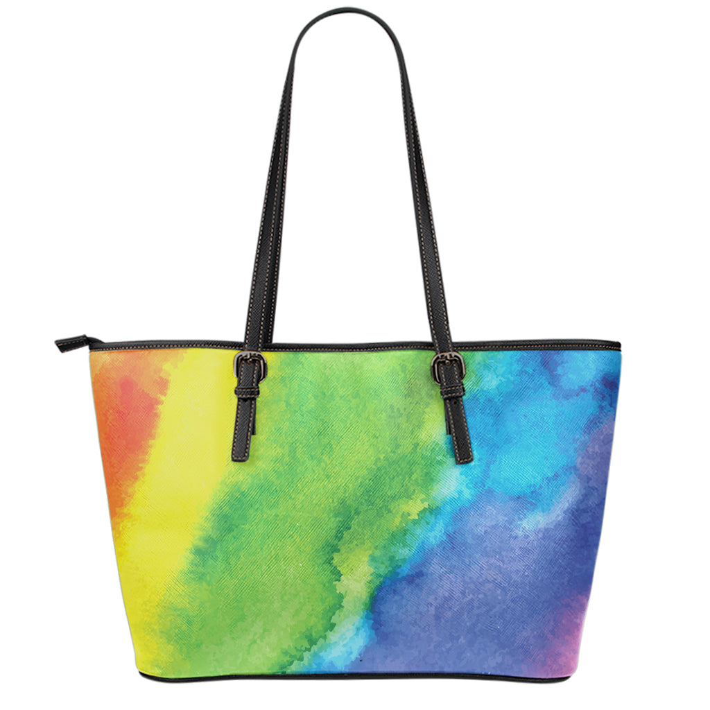 Watercolor Rainbow LGBT Pride Print Leather Tote Bag