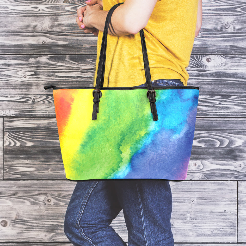 Watercolor Rainbow LGBT Pride Print Leather Tote Bag