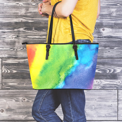 Watercolor Rainbow LGBT Pride Print Leather Tote Bag