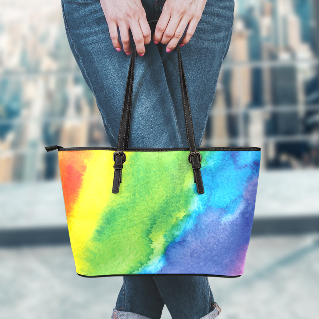 Watercolor Rainbow LGBT Pride Print Leather Tote Bag