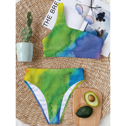 Watercolor Rainbow LGBT Pride Print One Shoulder Bikini Top
