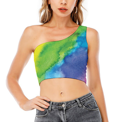 Watercolor Rainbow LGBT Pride Print One Shoulder Crop Top