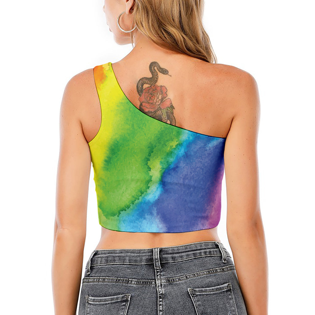 Watercolor Rainbow LGBT Pride Print One Shoulder Crop Top
