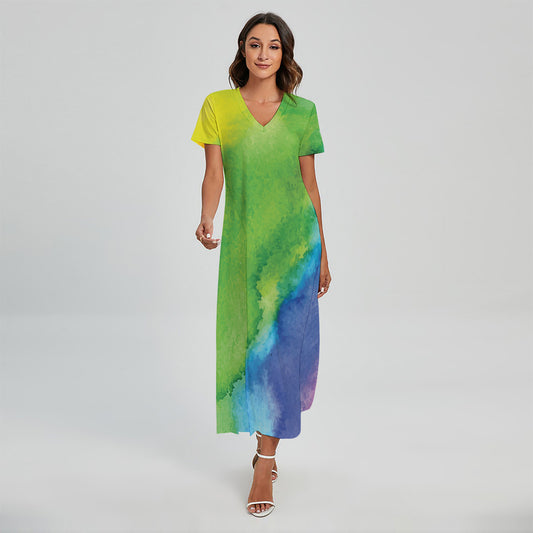 Watercolor Rainbow LGBT Pride Print Short Sleeve Maxi Dress