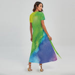 Watercolor Rainbow LGBT Pride Print Short Sleeve Maxi Dress