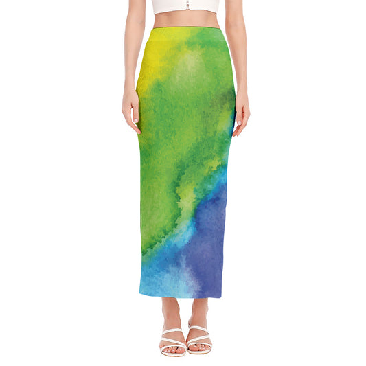 Watercolor Rainbow LGBT Pride Print Side Slit Maxi Skirt