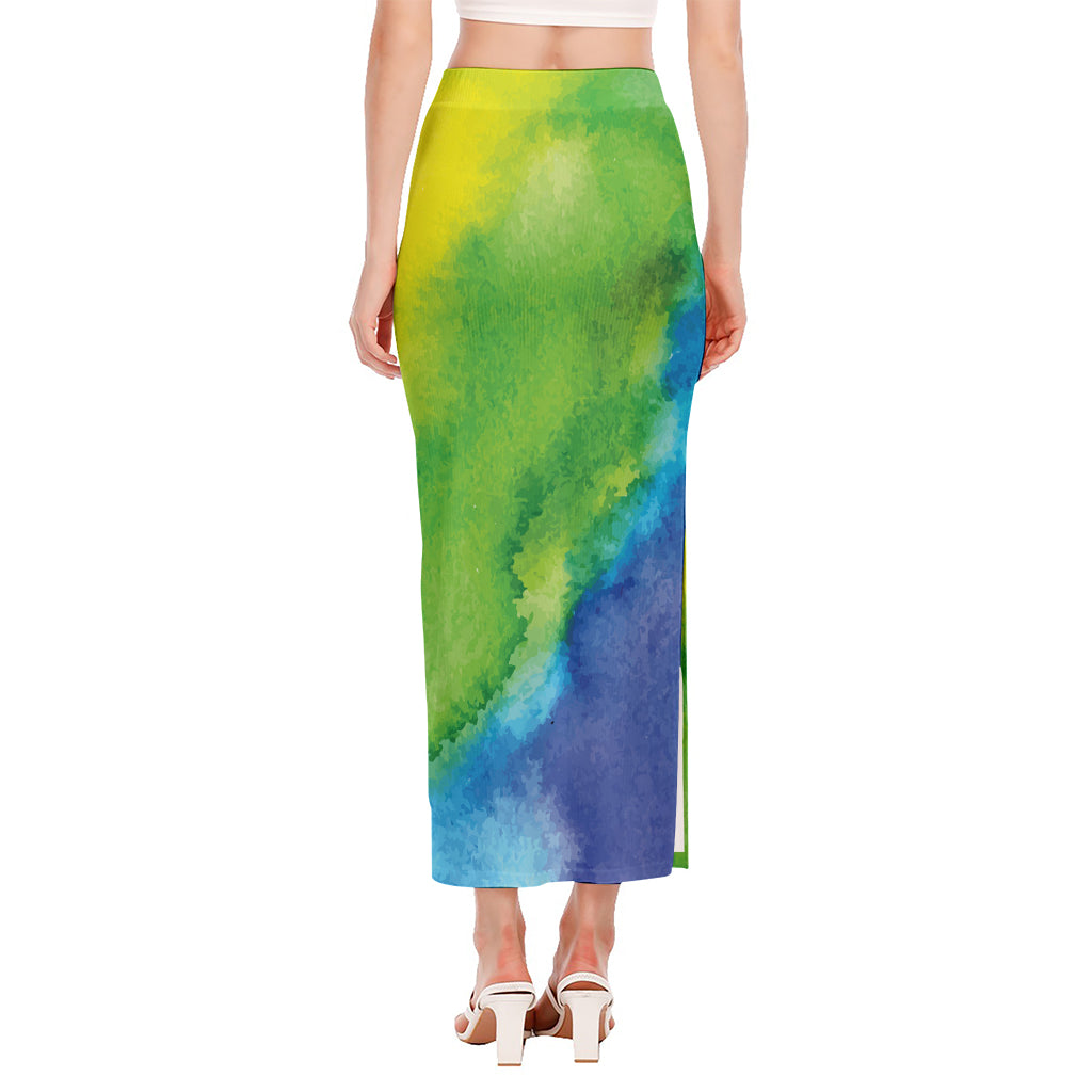 Watercolor Rainbow LGBT Pride Print Side Slit Maxi Skirt