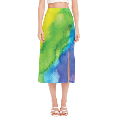 Watercolor Rainbow LGBT Pride Print Side Slit Midi Skirt
