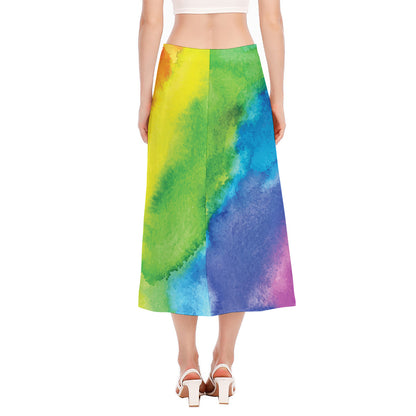 Watercolor Rainbow LGBT Pride Print Side Slit Midi Skirt