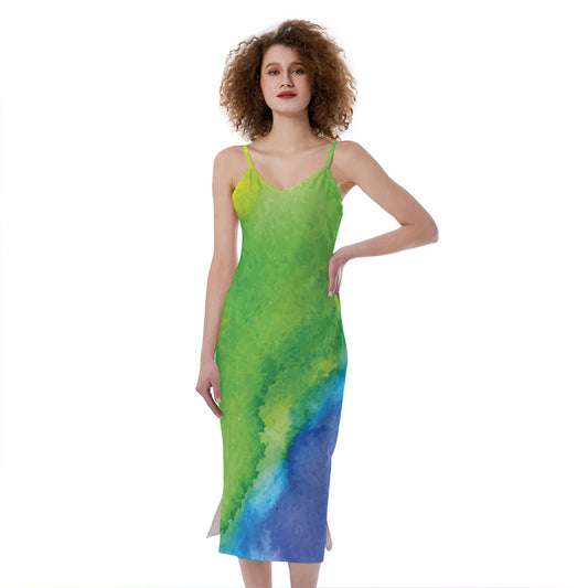 Watercolor Rainbow LGBT Pride Print Slim Fit Midi Cami Dress