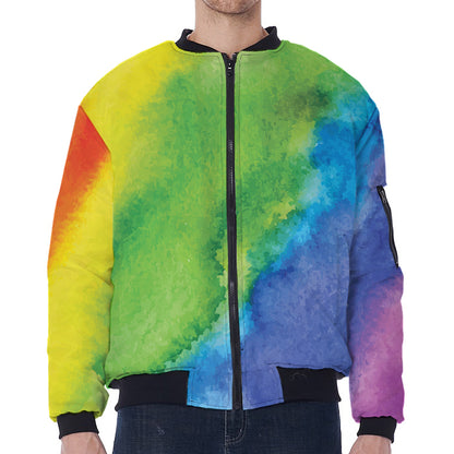 Watercolor Rainbow LGBT Pride Print Zip Sleeve Bomber Jacket