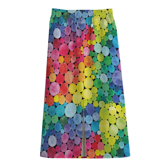 Watercolor Rainbow Pattern Print Cotton Front Slit Maxi Skirt