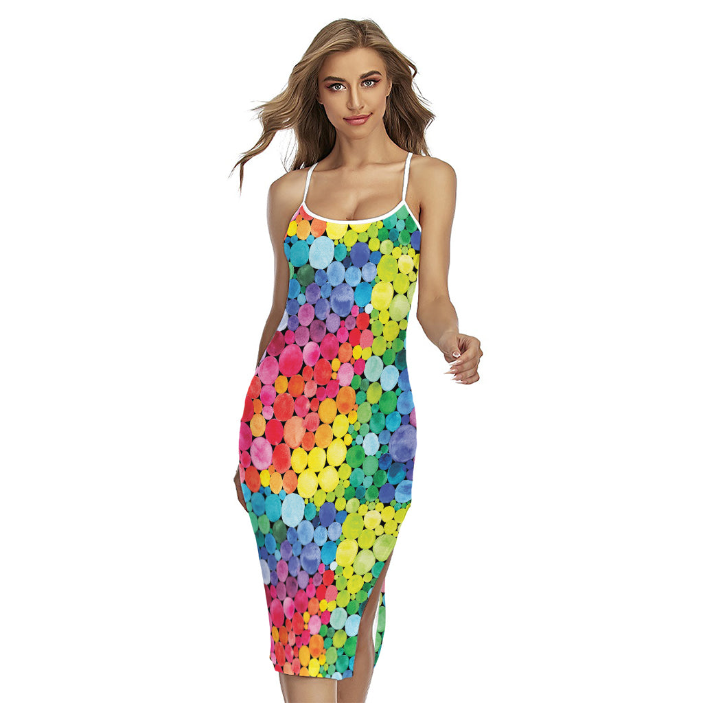Watercolor Rainbow Pattern Print Cross Back Cami Dress