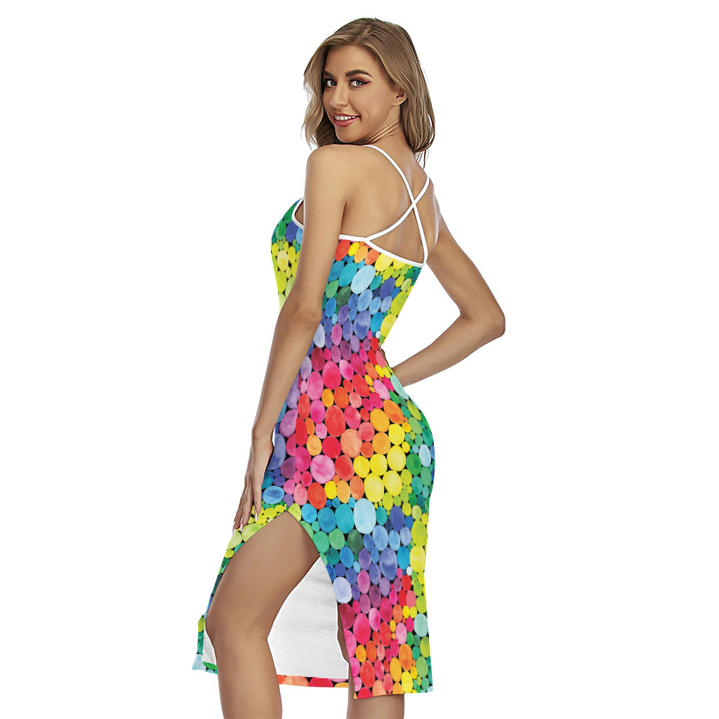 Watercolor Rainbow Pattern Print Cross Back Cami Dress