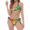 Watercolor Rainbow Pattern Print Halter Scoop Tie Side Bikini