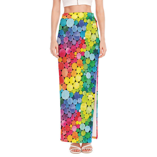 Watercolor Rainbow Pattern Print High Slit Maxi Skirt