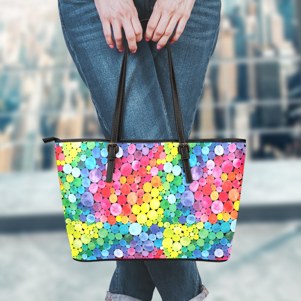 Watercolor Rainbow Pattern Print Leather Tote Bag