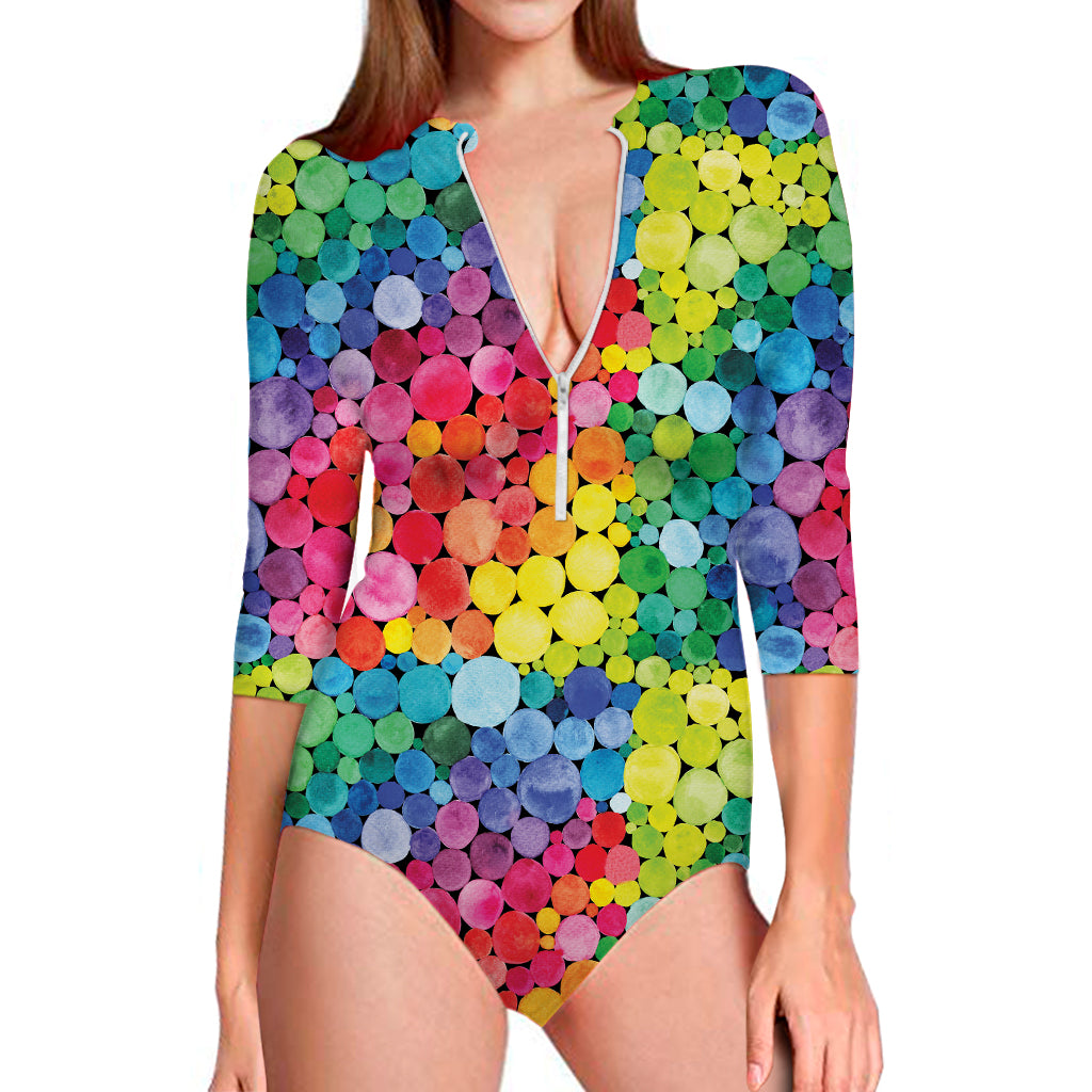 Watercolor Rainbow Pattern Print Long Sleeve Swimsuit