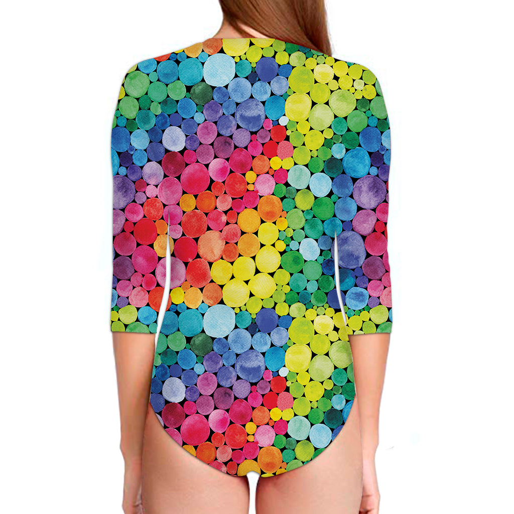 Watercolor Rainbow Pattern Print Long Sleeve Swimsuit