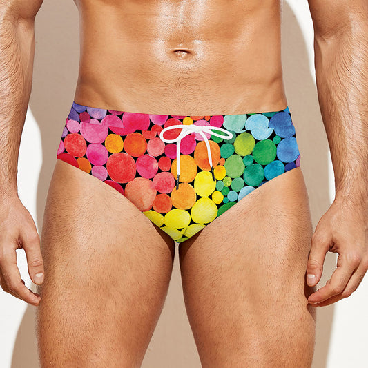 Watercolor Rainbow Pattern Print Men's Swim Briefs