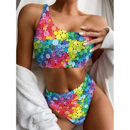 Watercolor Rainbow Pattern Print One Shoulder Bikini Top