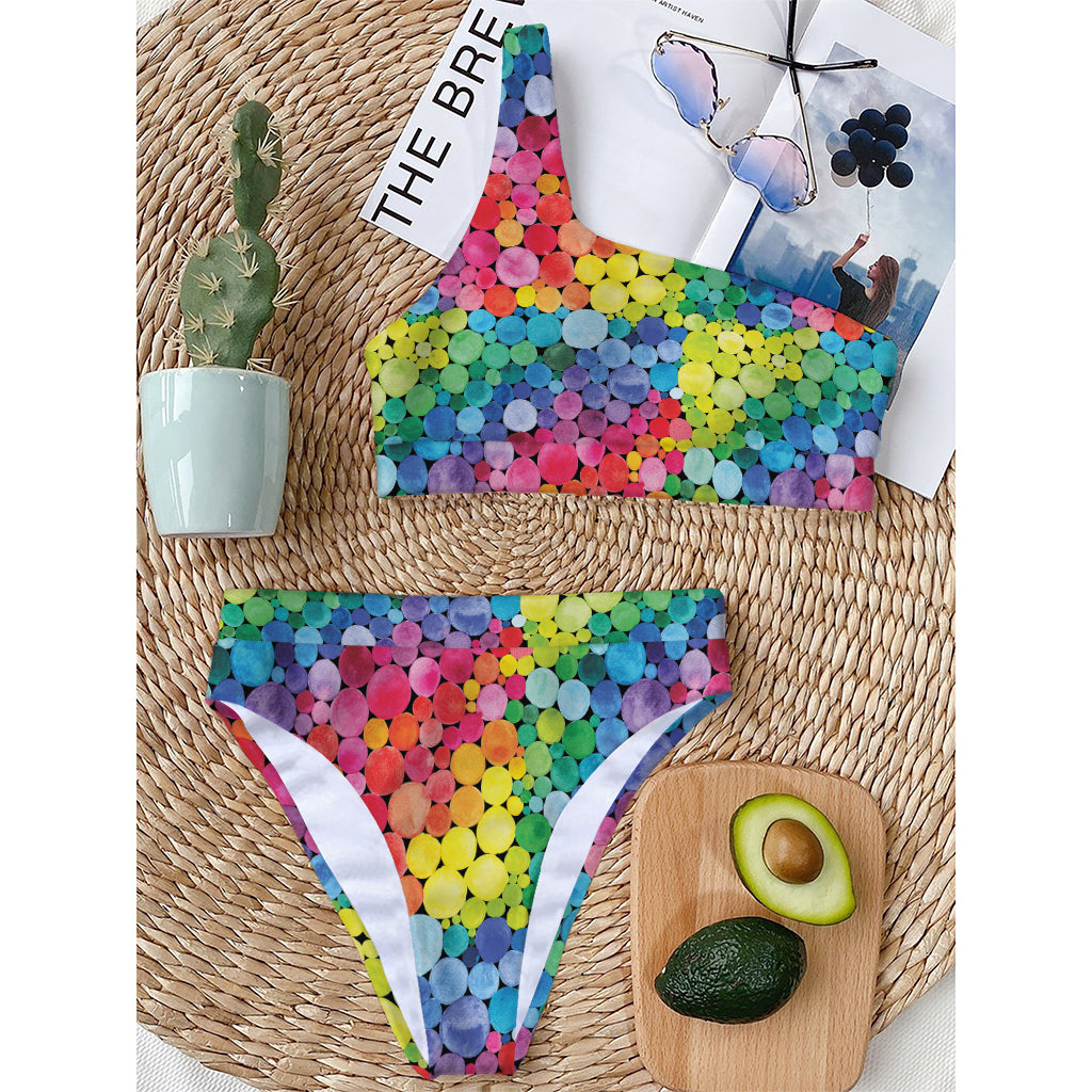 Watercolor Rainbow Pattern Print One Shoulder Bikini Top