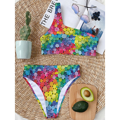 Watercolor Rainbow Pattern Print One Shoulder Bikini Top
