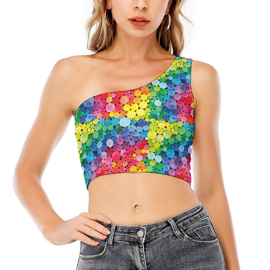 Watercolor Rainbow Pattern Print One Shoulder Crop Top
