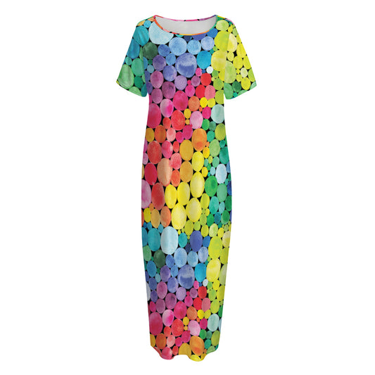 Watercolor Rainbow Pattern Print Short Sleeve Long Nightdress