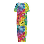 Watercolor Rainbow Pattern Print Short Sleeve Long Nightdress